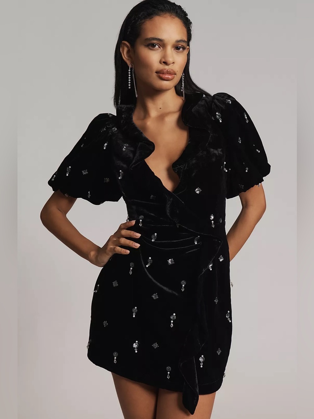NWT Anthropologie Maeve Short-Sleeve Velvet V-Neck Embellished Mini Dress